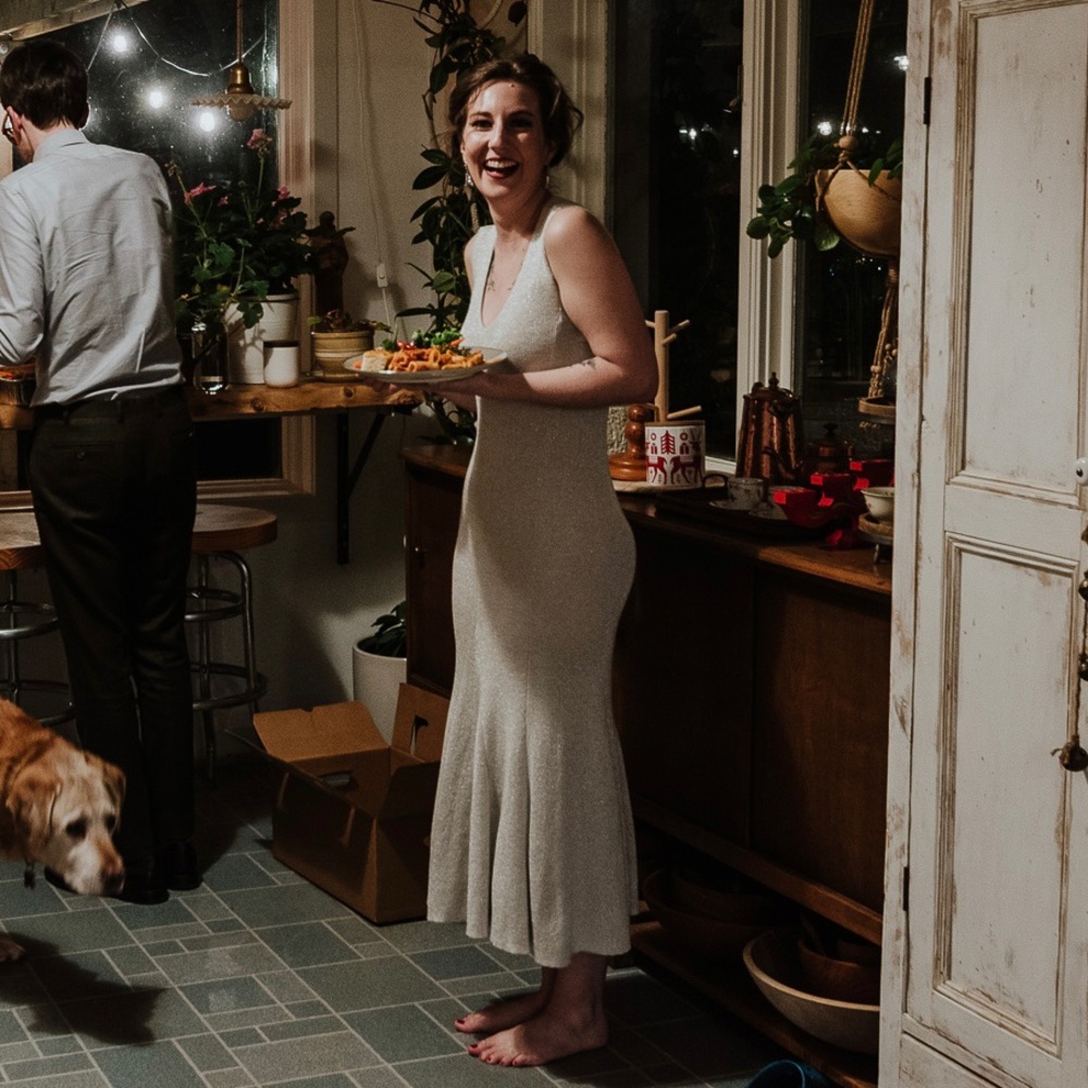 Tea-length Silver Knit Dress